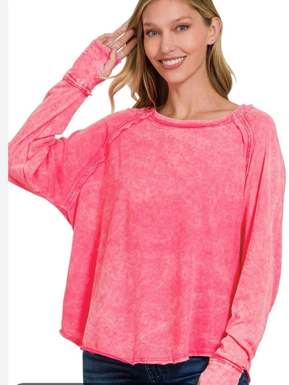 Zenana Outfitters long sleeve fuchsia pink top featuring a vintage/mineral wash - Picture 6 of 6